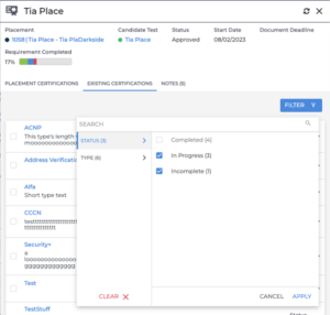 Slideout: Filtering Placement Requirements and Candidate Credentials